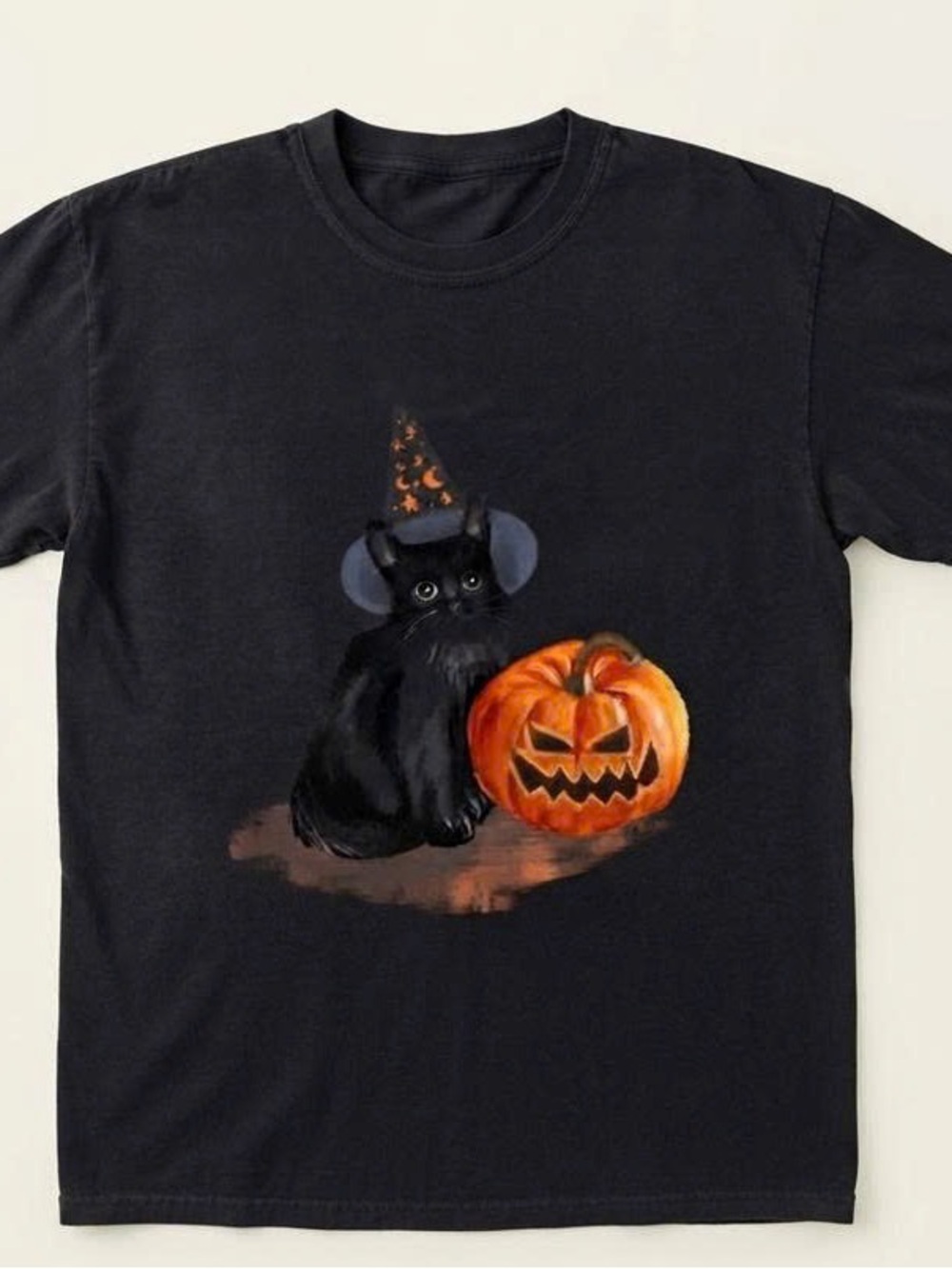 Halloween Tee with Black Cat and Orange Pumpkin Graphic